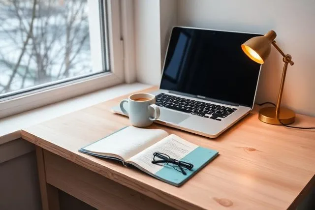 A single desk by a window on a winter morning, with a laptop, a notebook and a lamp.
