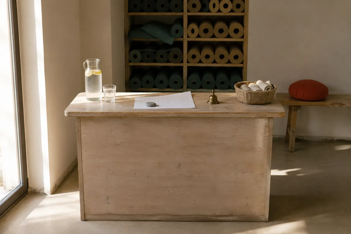 The front desk of a small yoga studio, with a paper class schedule and rolled mats behind it.