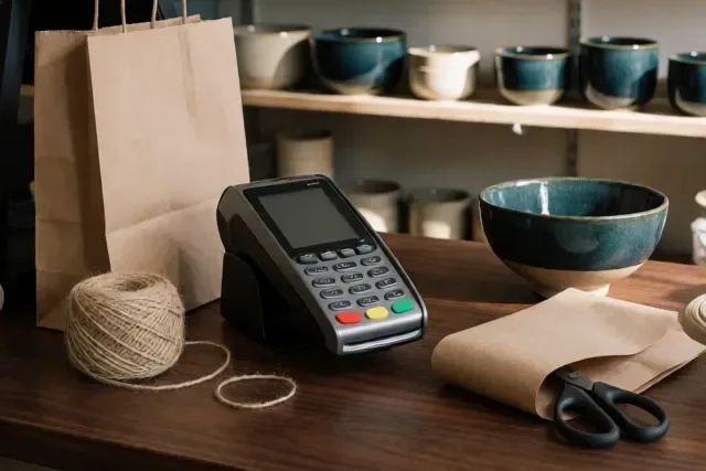 The counter of a small homeware shop, with a card terminal, wrapping paper and twine.