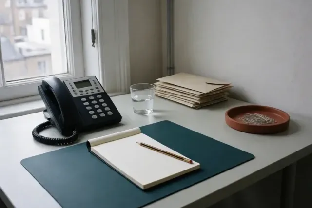 A quiet reception desk by a window, with a telephone, a blank notepad and unopened post.