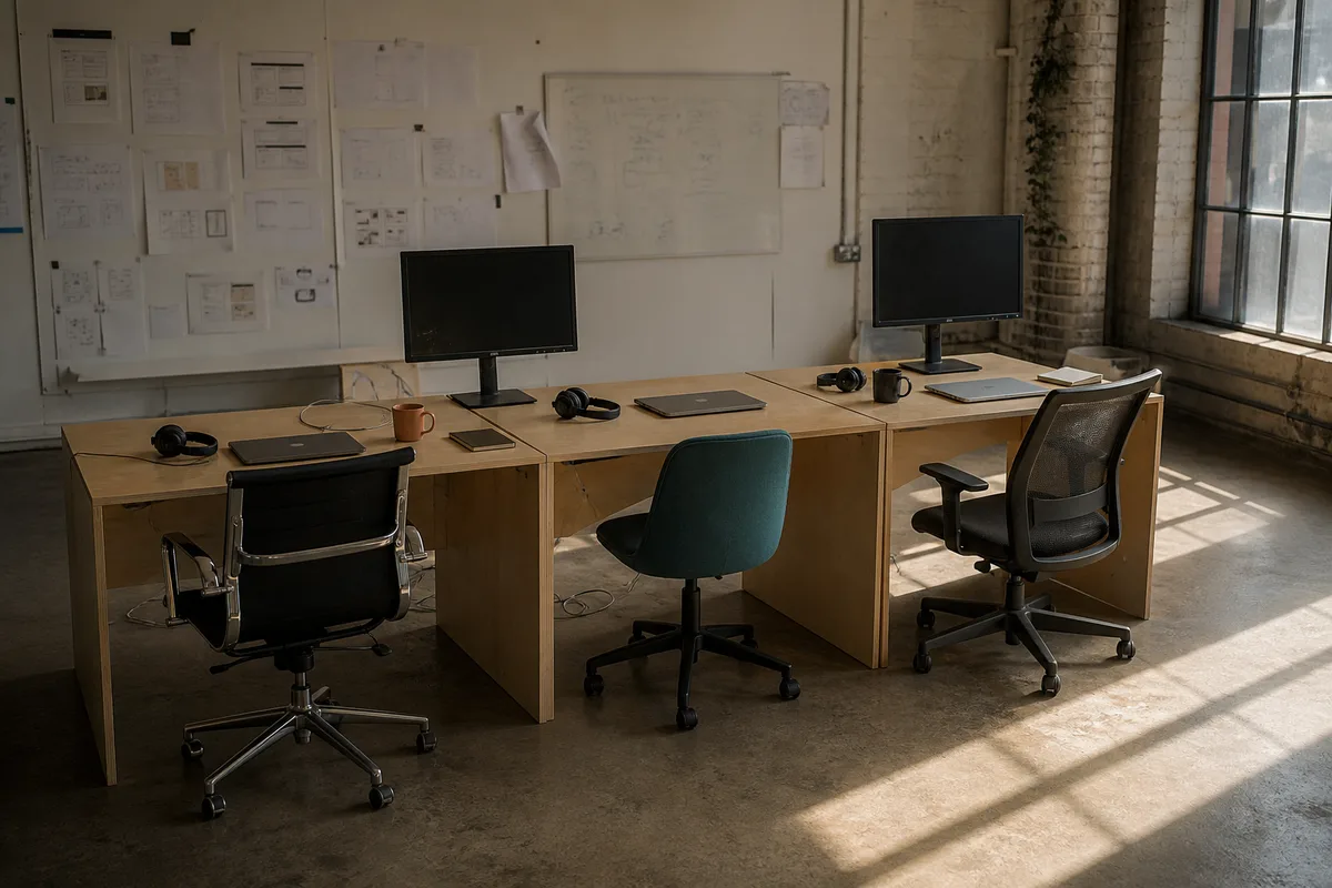 Three empty desks in a small studio, laptops closed and monitors switched off.